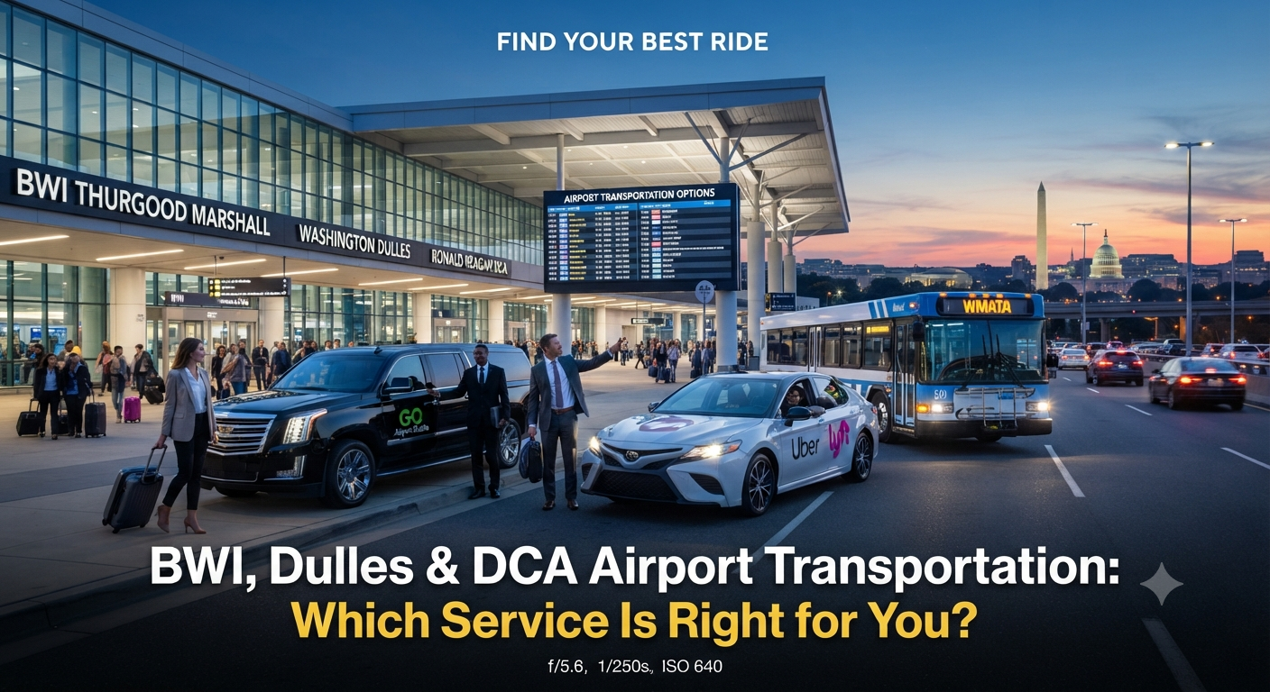 Professional airport transportation service to BWI, Dulles, and DCA airports from Maryland